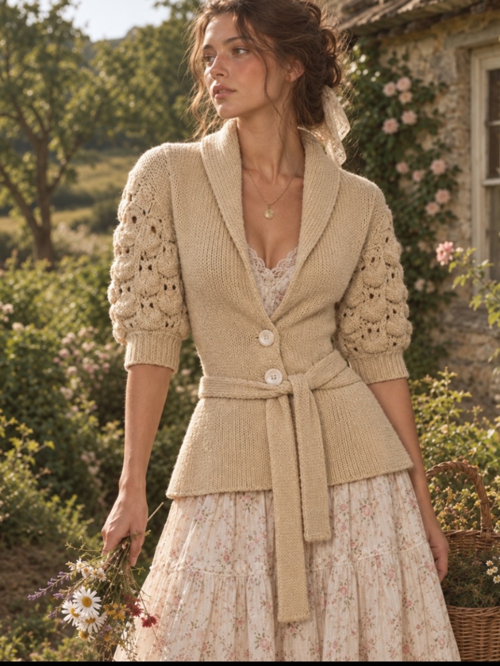 Vintage Bebe Ivory Wool Blend Half Sleeve Knit Cardigan with Tie Belt Size Large